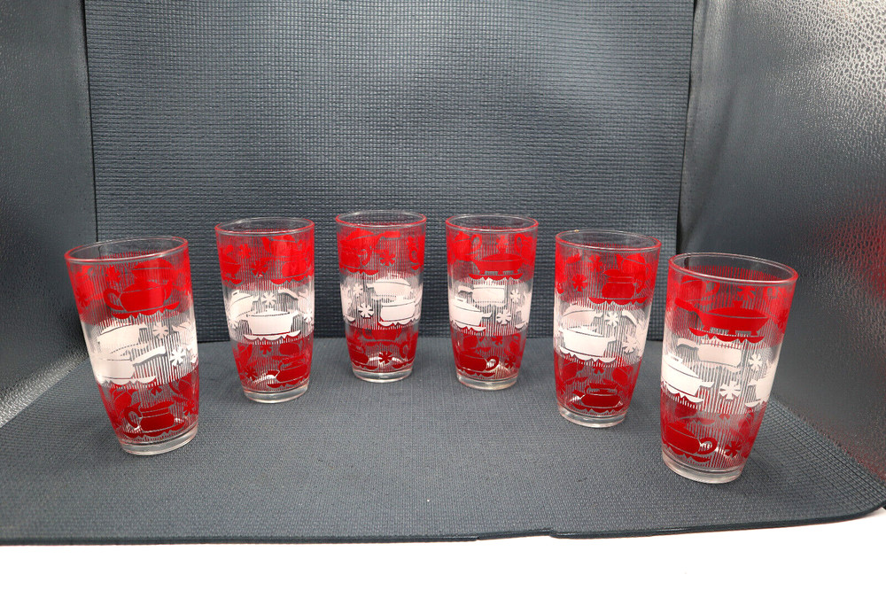 Nice Set of 6 Red & White 14 oz Glass Tumblers Kitchen Items Teapots Casseroles