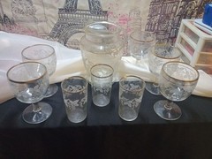 Vntg 9 PC. Set Of Bartlett Collins Grape Leaf Thumbprint Etched Glass Drinkware