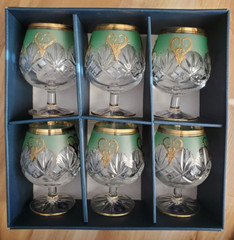 Czech Bohemian 6 Glass set Hand Cut Green Raised Gold Barware wine Rare Vintage
