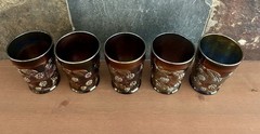 Dugan Floral & Grape Carnival Glass Tumblers Cobalt Blue Base Set of 5 Vintage