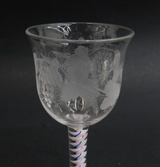 English Georgian Air Twist Glass Wine Glass Goblet, 19th Century. Etched Grapes