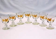 7 Vtg Libbey Golden Foliage 22K Gold Leaf Ball Stem Cordial Glasses