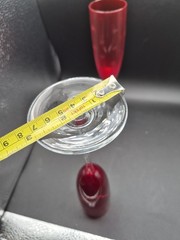 2-Ruby Red Hand Blown Champagne Glasses With Clear Stems Etched Atomic Starburst