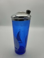 Hazel Atlas Cobalt Blue Ships Sail Boat Cocktail Shaker & 6 Glasses
