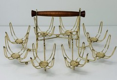 Vintage Mid-Century Bar Ware Metal Glass Carrier Wood Handle