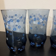 4 Vtg Libbey Blue Drinking Glasses Daisy Spring Blossom Strawflower Tumbler 5.5″
