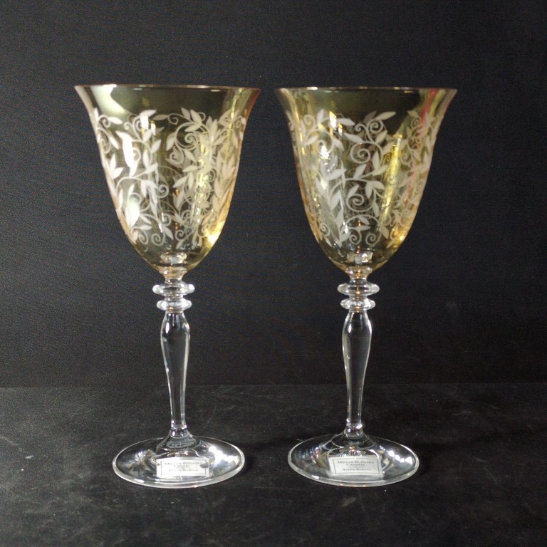 REED & BARTON VENETIAN AMBER WINE GLASSES, Etched Crystal, 8 1/2″, 1Ooz, 2PCS