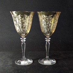 REED & BARTON VENETIAN AMBER WINE GLASSES, Etched Crystal, 8 1/2″, 1Ooz, 2PCS