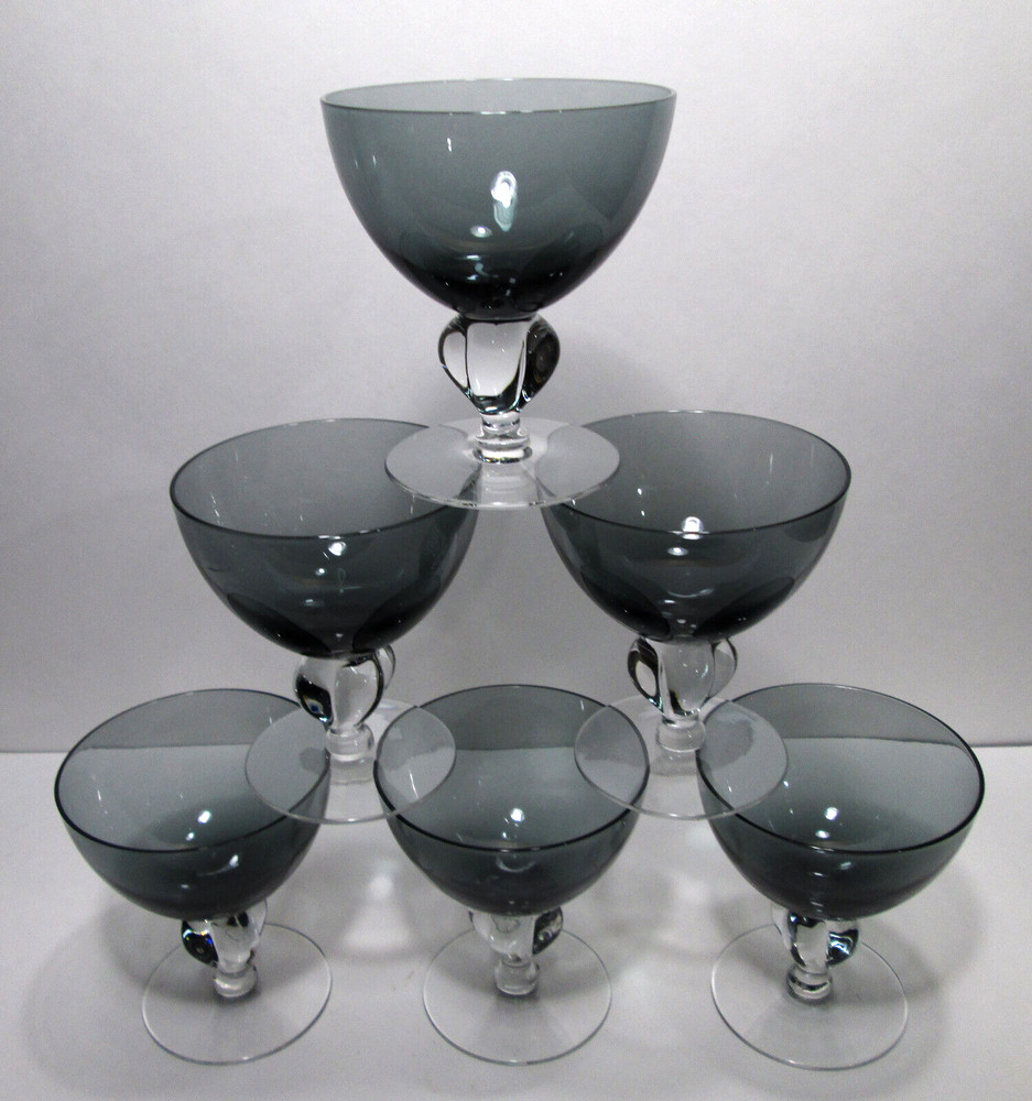 6 Swedish Crystal Gulli Champagne Sherbets Smoke Gray Seneca Ingrid 4 Lobe Stem