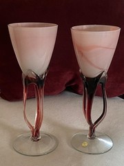 2 Large Vintage Polish Jozefina Krosno Glass Goblets, 10.5″ and 10.25″ Tall