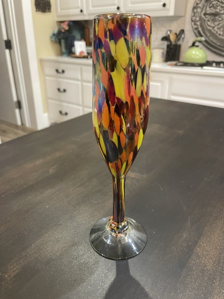 Mexico Art Glass Confetti 9” Champagne Flute Goblet Mottle Iridescent Stemware