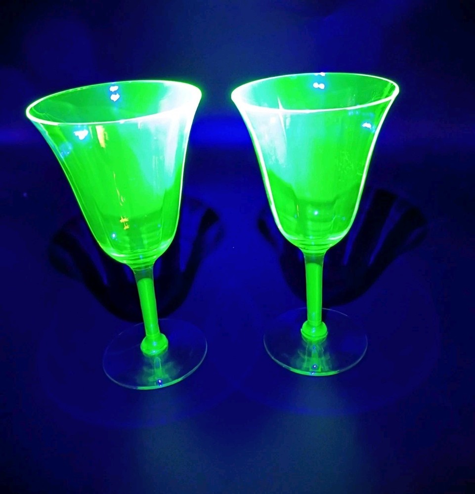 VTG Pair of 1930s Tiffin Franciscan Uranium Water Goblet Glass Blue Green *Read*
