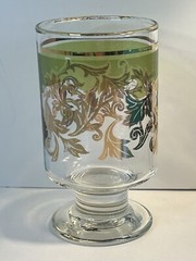 Vintage MCM Highball/Rocks Glasses (4) Green Gold Gilt Leaf Design Footed 1970’s