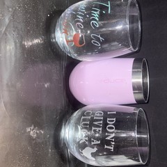 Mixed Lot Of 3 : 2 Wine Glasses & 1 Metal Tumbler