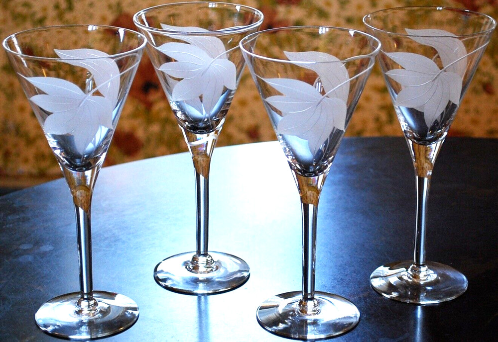 Vintage Set 4 FROSTED SWIRL CUT LEAF Crystal Water Goblets 8 1/8″ Midcentury Mod