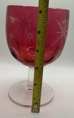 Bartlett Collins Etched Atomic Starburst Cranberry Red Thumbprint Glass Goblet