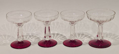 Lot/4 Vintage 1950s Bryce Champagne Glasses Panel Optic Faceted Stem w/Red Foot