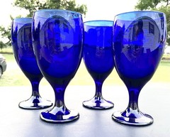 Libbey Premiere Cobalt Blue Wine Glass Water Goblets 7” Tall Thick Stem Set Of 3