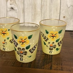 Vintage Set of 3 – Hand Painted Floral Light Yellow Blendo Shot Glasses – Retro