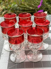 8-PACK LOT Tiffin Kings Crown Thumbprint Ruby Flashed Water Goblet Glass 5 5/8″