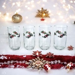 Set of 4 Libbey Christmas Evergreen Red Bows Holiday 16 OZ Glass Coolers NEW