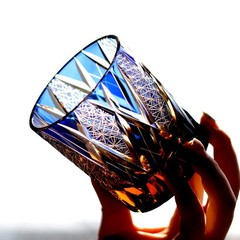 Dual-Tone Blue Amber Edo Kiriko Whiskey Tumbler 240ml Lead-Free Crystal Glass