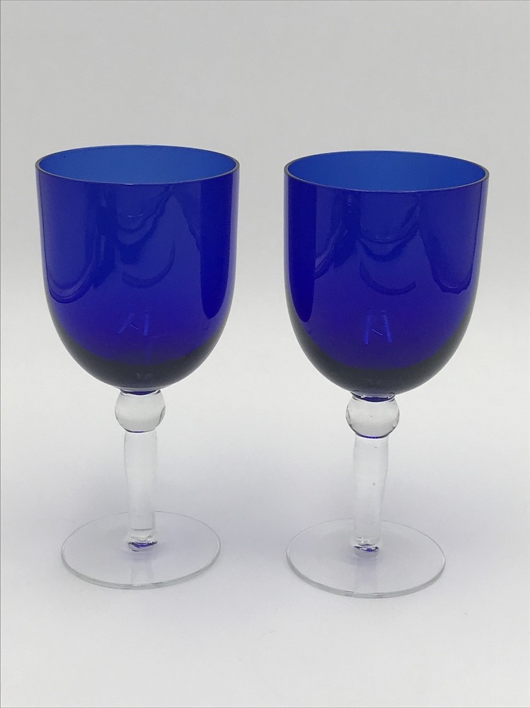 Pair Cobalt Blue Clear Stem with Ball Wine Glass 7 “ 10 Oz