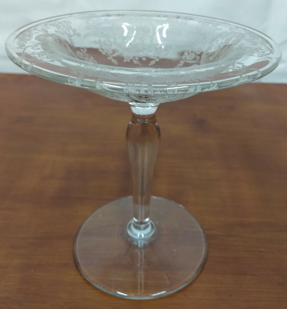 Glastonbury Lotus BRIDAL BOUQUET Etched Elegant Glass Clear Tall 6 1/4″ COMPOTE