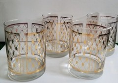 Set of 4 Georges Briard Double Old Fashioned Glass Gold Lattice Diamond Pattern