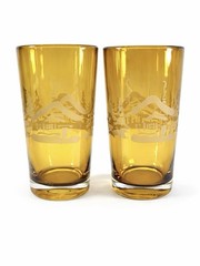 Vintage Amber Glass Tumblers Set 2 Etched Cabin Pine Trees 6” Heavy MCM Barware