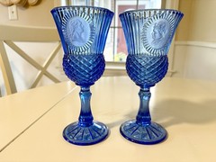 Vintage Cobalt Blue Cameo Portrait Goblets Set of 2 Medallion Glass Wine Glasses