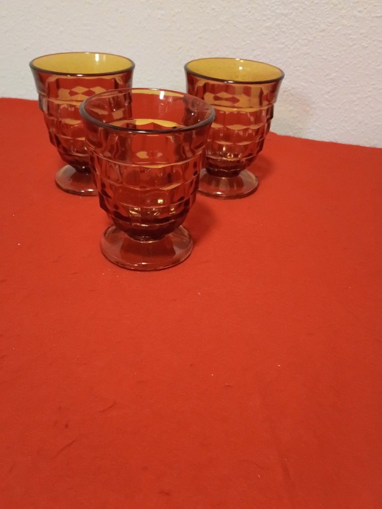 Vintage Amber Indiana Glass Juice Tumblers Whitehall Cubist Footed Set of 3