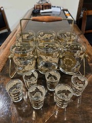 MCM Cera 12Pc WORLD MAP Double Old Fashioned Cocktail & Shot Glasses W/Caddy