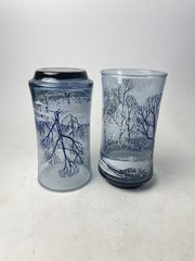 VTG Pair Libbey Glass Water Glasses Blue, White 12oz Winter Snow Scene D Cheviot