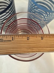 Vtg Striped Fiesta Glass Tumblers Two 6” (Blue & Black) And One 4.5” (Paprika)