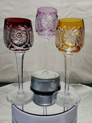 3 Wine Glasses Hocks Goblets Amber, Purple. & Red Cut to clear Crystal Buzzstars