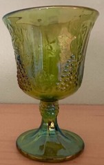 Vintage Indiana Green Iridescent Carnival Glass Harvest Leaf Grape Goblet