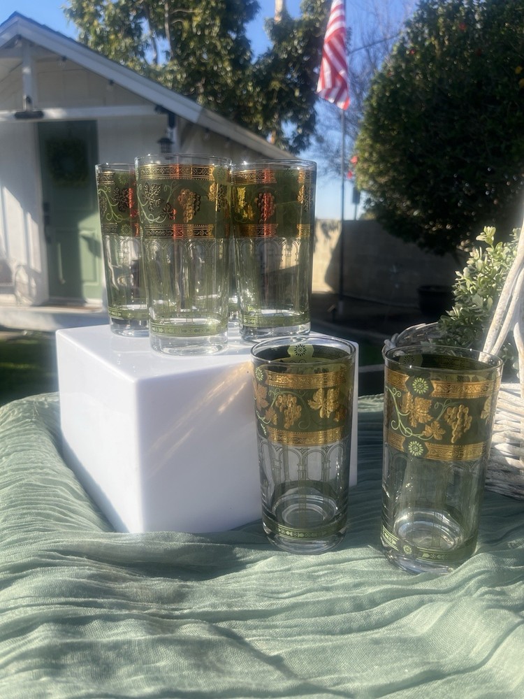 Cera Glass 22K Golden Grapes Green Highball Glasses (6) Well Priced!