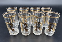 Set of 8 Vintage MCM Culver Highball Glasses with 22K Gold R Monogram Barware