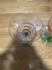 Set of Two Tiffin Pink Green Sherbet Wine Stems Watermelon Uranium Glass 5.25in