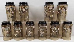 10) Yvette Perrin Dogwood Tumblers Set Vintage Smoke Brown Bird Floral Retro Lot