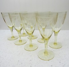Vtg Etched yellow Wine Glasses set of 8 Optic Depression Glass swag topaz