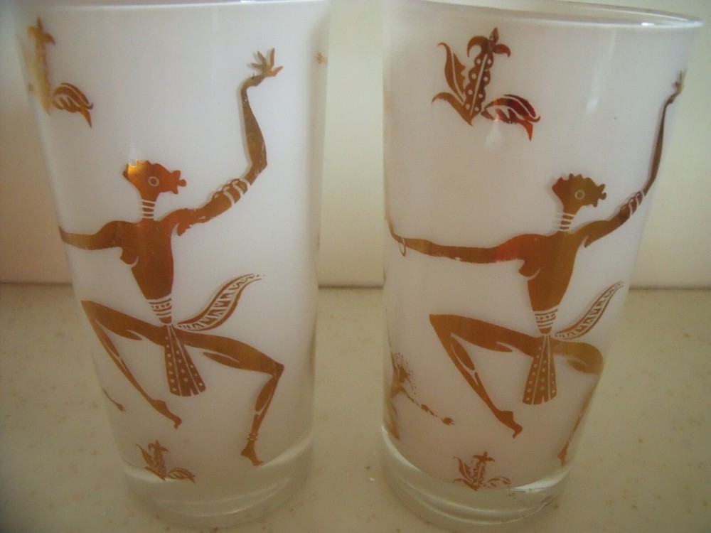 Tribal dancers highball glasses, frosted and 22 karat gold