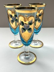 3 Vintage Turquoise Tre Fuochi Murano Cordial Glasses Gold Gilt ( 1 Has Crack)