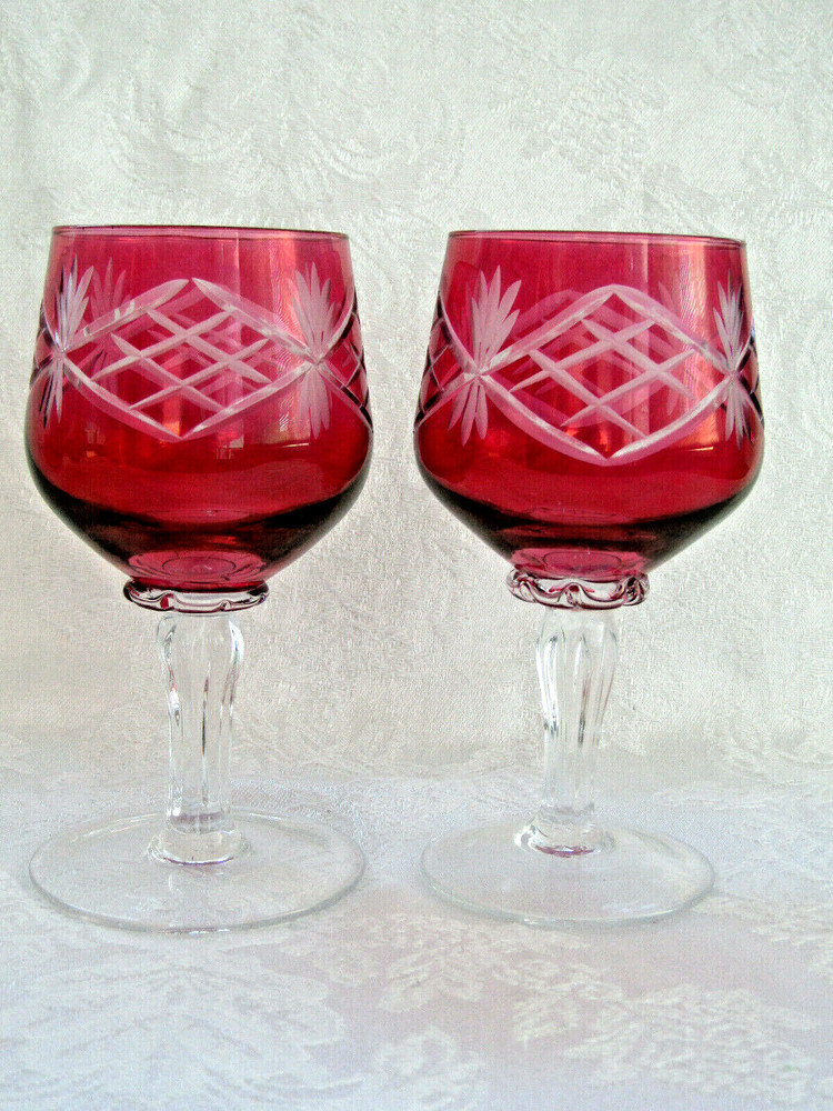 Pair of Hand-Blown Cut to Clear Vintage Cranberry Stained Wine Glasses