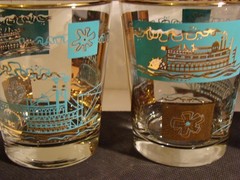 8 Libbey Steamboat Bar Glasses Gold & Blue 3.5 Inches Tall Southern Comfort