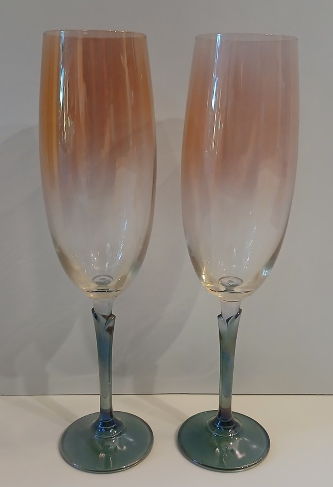 2 “Brigitte” By Colony, Elegant Glass, Iridescent Crystal Champagne Flutes