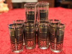 Intricate Vtg Signed Capri of California Black & Gold Highball Glasses Set of 6
