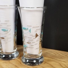 3 Vtg MCM Libbey Mediterranean Atomic Fish Barware Glasses Double Shot 4.5″ 3oz