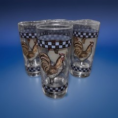 Set of 6 Vintage Libbey Rooster on the Farm Drinking Glasses/Tumblers Blue Check